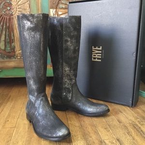 Frye Melissa Metallic Black Leather Low-Heeled Boots